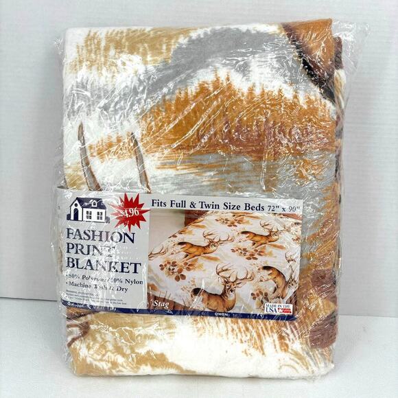 Vintage Owen Blanket Stag Full Twin Size Deer Buck Print 72 x 90 New Sealed USA - Picture 1 of 6